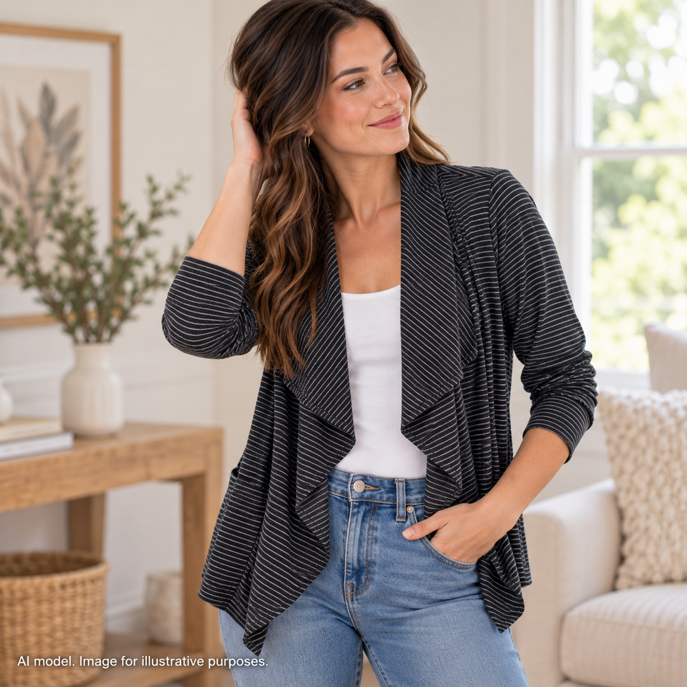 Lou & Grey Jacket Womens Medium Dark Blue Stripe Waterfall Hem Open Cardigan